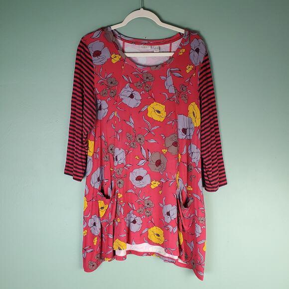 LOGO by Lori Goldstein Womens Printed Knit Top with Striped Sleeves Size Large - Picture 1 of 6